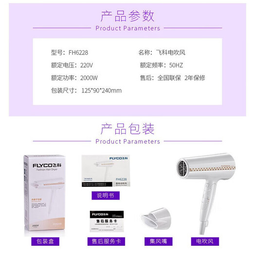 博锐飞科旗下电吹风家用大功率吹风筒负离子吹风机冷热风理发店FH6101 FH6228 2000W可折叠带负离子
