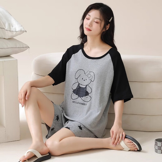 7 SEVFUN 七色纺睡衣女款夏季亮眼宽松透气带胸垫女士休闲家居服100%纯棉抗菌除螨 C1349 (灰底卡通兔子带胸垫) L （建议100-120斤）
