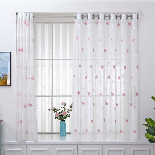 Xinyi gauze curtains, gauze curtains, white gauze partition curtains, light-transmitting and opaque gauze curtains, white sand curtains, plum blossom-pink style, width 180, height 220cm, free 92-155cm telescopic rod