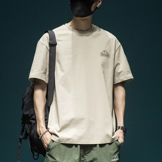 Baumwoll High-End schwere kurzärmelige T-Shirt Herren Lose großartigen halbärmeligen T-Shirt im Sommer New American Modemarke gedruckt Top HST1517 Khaki Kurzärärmel