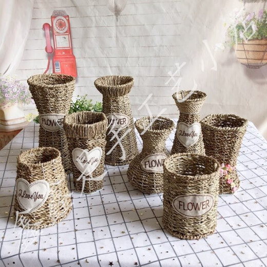 Xingyaowan vase straw weaving bamboo vase straw weaving pastoral style hand-woven dried flower basket living room style flower shop earless plum blossom mouth