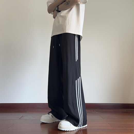 NASAWASSUP条纹冰丝裤子男款夏季薄款速干拖地裤直筒青少年宽松阔腿休闲裤男 绿色K365-CQS L 【建议100-115斤】