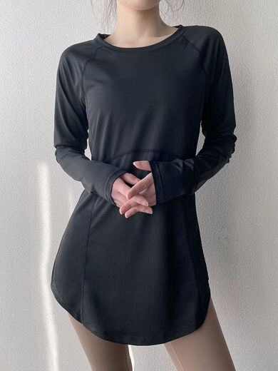 TNWKJLC sweatshirt women's loose long-sleeved T-shirt autumn and winter Pilates yoga wear butt-covering top long-sleeved mid-length waist pink M