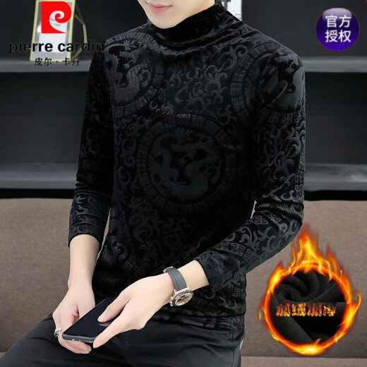 皮尔卡丹（pierre cardin）加绒加厚半高领打底衫男士黑色金丝绒长袖t恤秋冬季内搭T 加绒 691黑色 L