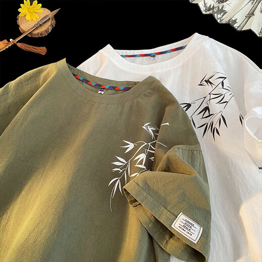 Honglianya T-shirt à manches courtes en lin à manches courtes de style chinois pour les hommes en été 2025 Nouvelle marque à tendance T-shirt en lin en vrac H-T3524 Green M suggère 95-115jin [Jin est égal à 0,5 kg]