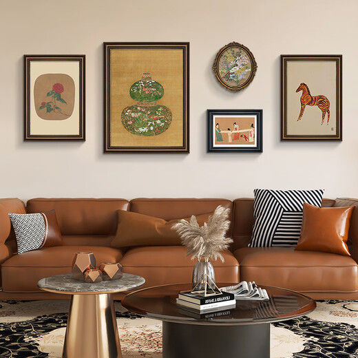 Good wood French mid-century style hanging painting living room American sofa background wall decoration painting niche art combination painting retro oil painting A-retro combination painting 40*6060*8035*3945*3540*60 retro brown + St. John's black + oval-texture painting