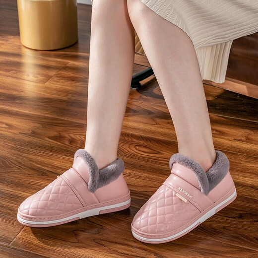 Jieliya waterproof cotton slippers for women in autumn and winter 2024 new all-inclusive heel indoor home warm plus velvet cotton shoes for men wearing pink [recommended style] 38-39 (suitable for sizes 37-38)