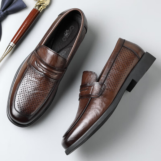 
CARTELO men's leather shoes summer breathable business casual shoes loafers one-foot hollow leather shoes men 9934 brown 38