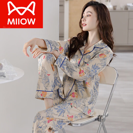 猫人（MiiOW）轻奢高档春秋新款睡衣女纯棉开衫长袖2024年印花高级感家居服套装 XEQ-9215 XL 170建议体重128-140斤