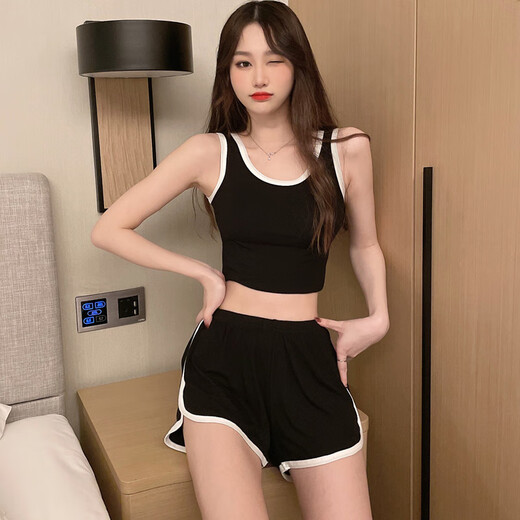 Langsha Pyjamas (Langsha) Frauenfrührung und Herbst 2025 Neuer Sommertag Hosentäter Brustpolster Integrated Hosenträger Weste Sport zweiteiler Set 12035 Black M [Empfohlen 80-100jin [Jin gleich 0,5 kg] Verschleiß]]