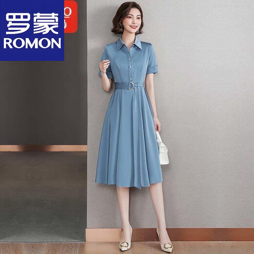 罗蒙（ROMON）高端缎面真丝连衣裙中长款女2025夏季款时尚收腰显瘦翻领衬衫裙 蓝灰色 L 105-115斤
