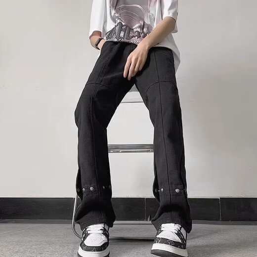 POUM scimitar micro-flared jeans men's American high street handsome zipper-breasted winter vibe straight long pants men DFFS-756 black regular L 105-120Jin Jin is equal to 0.5 kg