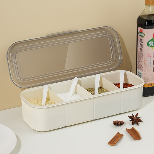 Dining General Seasoning Box Seasoning Jar with Spoon Kitchen Household Seasoning Storage Box Seasoning Utensils Salt Storage Box Simple Four-Gate Seasoning Box (Cream White)