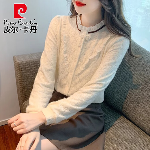 Pierre Cardin (Pierre Cardin) French long*sleeve lace bottoming shirt for women in autumn 2025 early autumn new loose western style shirt with apricot plus velvet 2XL 126-140Jin Jin is equal to 0.5 kg