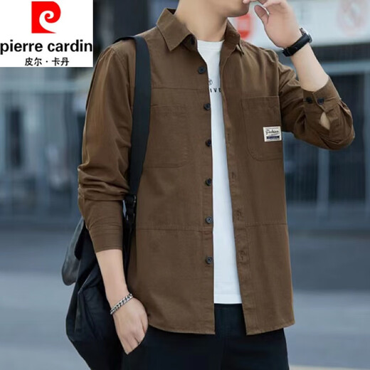Pierre Cardin 2026 pure cotton young and middle-aged men's shirt long-sleeved autumn work jacket loose casual trendy shirt brown long-sleeved 888 shirt XL recommended 135-155 Jin Jin equals 0.5 kg