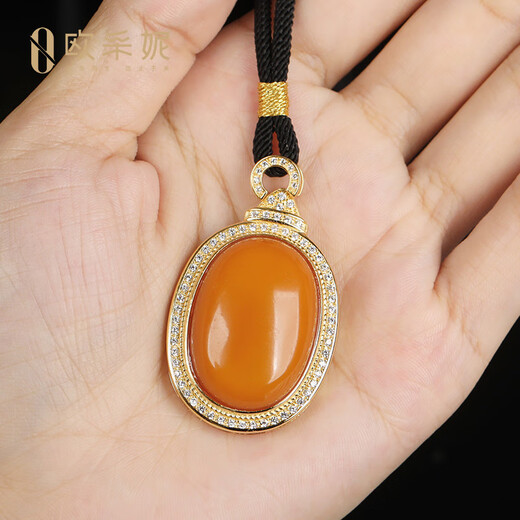 OUCERNY old beeswax pendant natural amber honey-filled chicken fat red egg noodle pendant Russian material with certificate S925 silver inlaid with diamonds silver inlaid beeswax pendant one item one certificate free rope