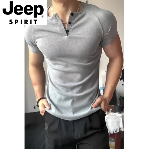 JEEP SPIRIT花灰色修身收腰亨利衫短袖男款夏季美式重磅显肌肉t恤健身打底衫 浅灰色 M 适合100-120斤