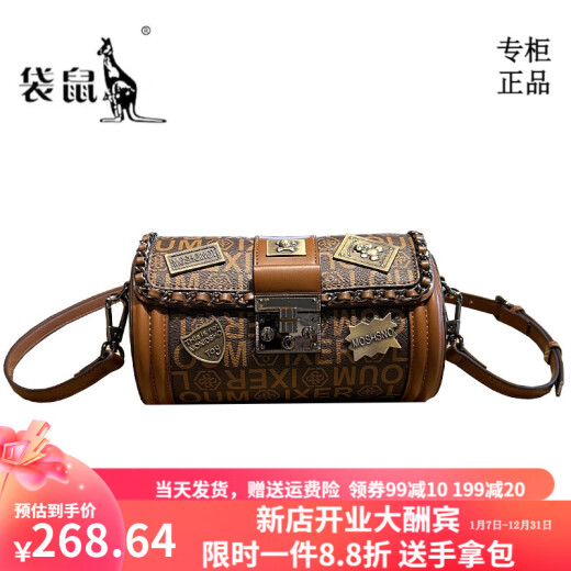 袋鼠轻奢品牌真皮女2024新款圆形老花小圆包百搭包包单肩包时尚斜挎包 咖啡色