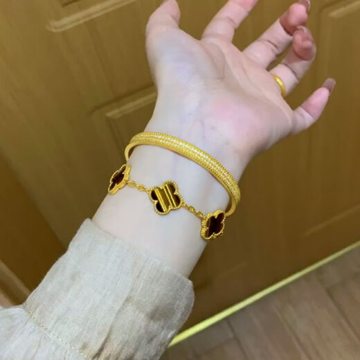 易昇黄金五花四叶草手链女士999足金幸运链条手链时尚首饰生日送女友 黄金四叶草虎眼石手链 金约9.5g