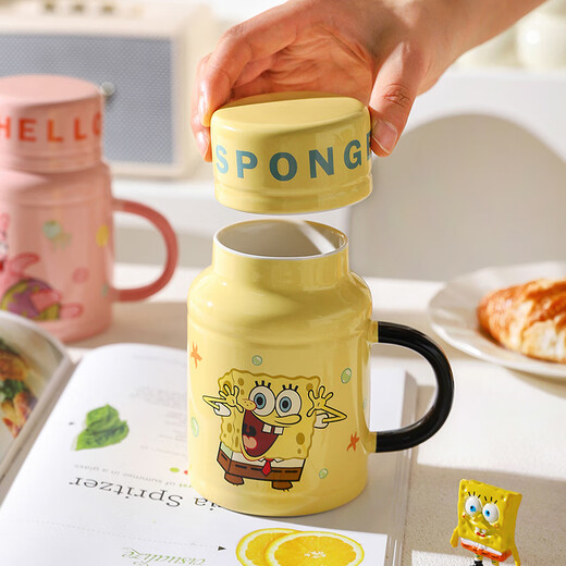 Sheli SpongeBob SquarePants Ceramic Mug, Cute and Beautiful Drinking Cup with Lid, Coffee Cup, Milk Cup, Couple Cup