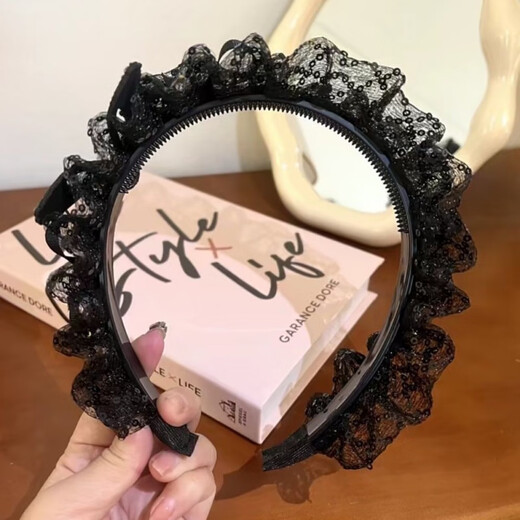 WEISHINI summer mesh sequined rhinestone butterfly headband French wide-brimmed pleated headband high skull hair accessories headband hairpin for women black A25-105