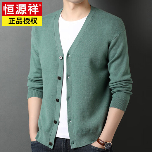 Hengyuanxiang knitted cardigan men's v-neck sweater spring and autumn coat middle-aged men's wool fleece sweater wool outer solid color sweater black comfortable and fashionable M 165 90-120Jin Jin equals 0.5 kg wear