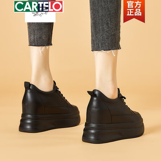 卡帝乐鳄鱼（CARTELO）黑色内增高女鞋2025新款小个子松糕鞋真皮轻便厚底百搭小黑鞋休闲 全黑9CM677 38