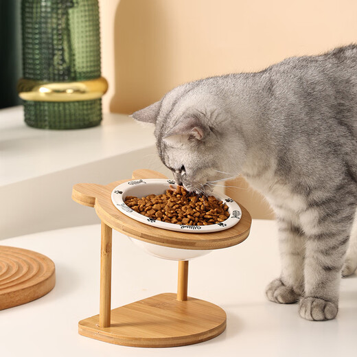 CLCEY Ceramic Cat Bowl Rack Protects Cervical Vertebral Anti-Black Chin Small Dog Anti-Slip Anti-Tip Teddy Adjustable Height Dog Bowl Two Black Footprints + Double Bowl Rack