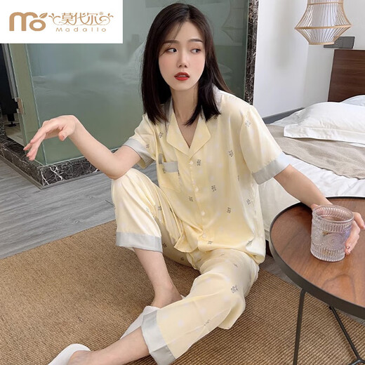 莫代尔泡泡熊冰丝睡衣女夏天凉感短袖长裤网红感薄款春秋丝.绸家居 YFY-9905凉感面料】 M 建议80-100斤】