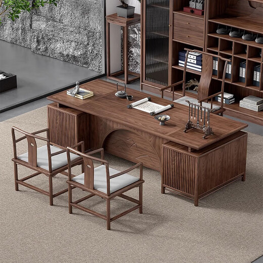 Qiheng (XIIBLC) new Chinese style desk boss desk solid wood general manager desk office furniture walnut desk and chair combination North American black walnut (table 180*80*75)