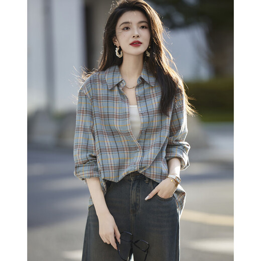 Demana Intellectuals Spring and Autumn Breathing Pure Cotton Retro Plaid Shirt Comfortable and Matchable Flesh Covering Shirt Women's Clothing