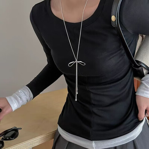 萌客朵蝴蝶结流苏项链轻奢小众设计感可调节长款毛衣链配饰女款颈链首饰 蝴蝶结毛衣链【银色】