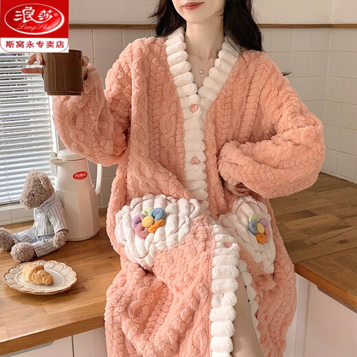 浪莎（LangSha）2024年新款珊瑚绒睡衣女秋冬季睡袍长款加绒加厚法兰绒家居服睡裙 761 优质款 加绒加厚 160M 80-100斤