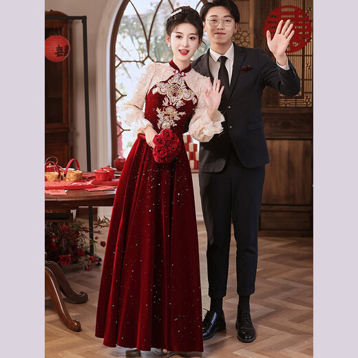 Li Baixin Chinese style cheongsam toasting dress 2025 new bride wedding luxury autumn and winter red wedding dress engagement dress spring burgundy long style L recommended 100-110Jin Jin equals 0.5 kg
