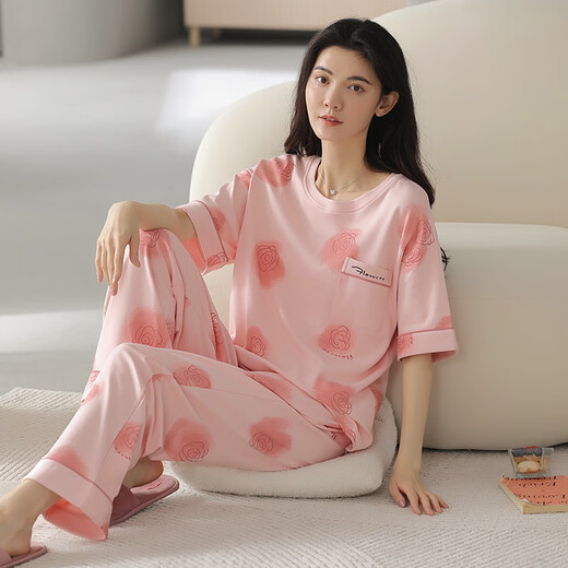 Hongdou official website woven pajamas for women for summer pure cotton short-sleeved trousers thin cotton summer ladies home clothing suit spring and autumn YZT9713 short-sleeved trousers L 100-120Jin [Jin equals 0.5 kg]