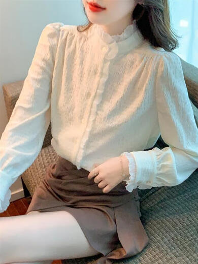 GIOIO standing collar and velvet shirt for women 2025 autumn and winter long-sleeved bottoming shirt with temperament court style chiffon top off white regular L