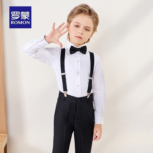 罗蒙儿童礼服六一演出服男童毕业主持长袖长裤背带套装 黑色150