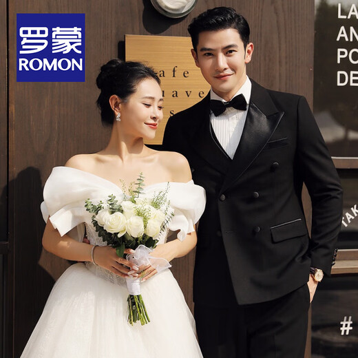 ROMON Tuxedo Dress Groom Wedding Suit Men's British Double-breasted Slim Suit Men's Three-piece Suit 2503 Double-breasted Black (Suit+Vest+Trousers XL