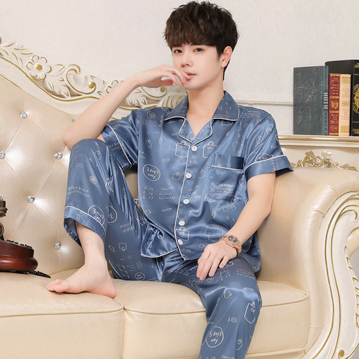 Antarctic ice silk men pajamas men summer short-sleeved trousers imitation silk cardigan lapel loose home clothes light blue XL