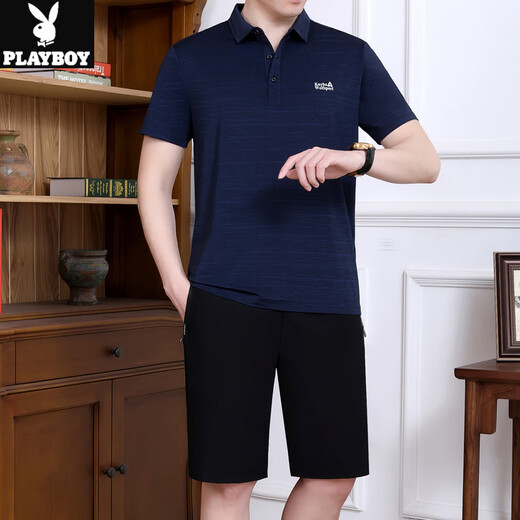 Playboy T-shirt à manches à manches à manches courtes à manches courtes à manches à manches courtes à manches courtes de glace d'été masculines et à manches à manches courtes de l'âge moyen de l'âge moyen JM728-Dark [ensemble en deux pièces] xl [suggéré 120-140jin [Jin est égal à 0,5 kg]]]