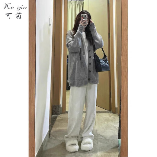 Keyin Casual Hosen Frauenanzug 2025 Frühling neuer Stil kleiner fauler Stil Strickpullover Weitbein Hosen 3882 grauer Pullover m