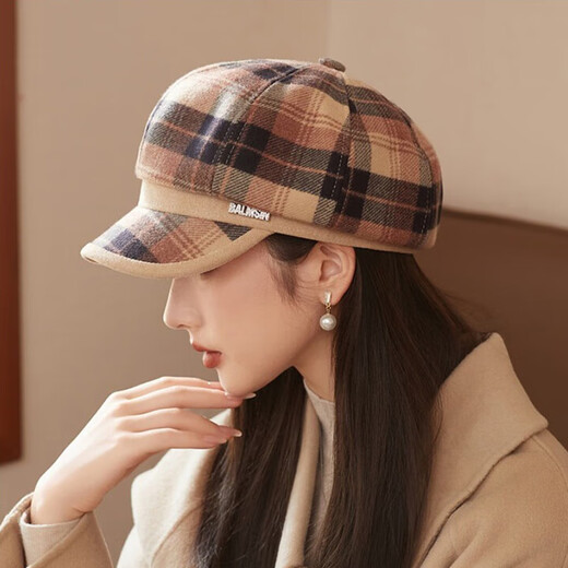 Jimmy leaf hat women's autumn and winter new plaid octagonal hat literary age-reducing beret British retro woolen newsboy hat coffee color one size M (56-58cm)