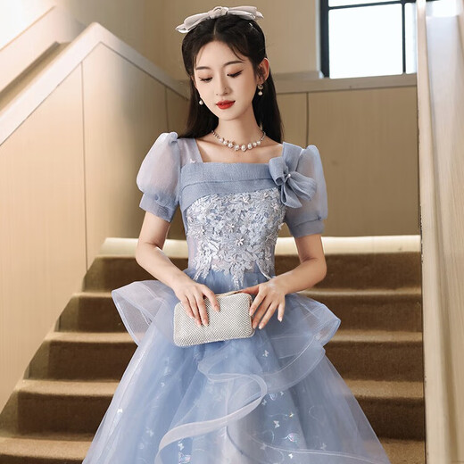 丽佰昕蓝色小晚礼服2025新款宴会高级感法式学生艺考小众主持人蓬蓬裙女 蓝色中长 M  建议90-100斤