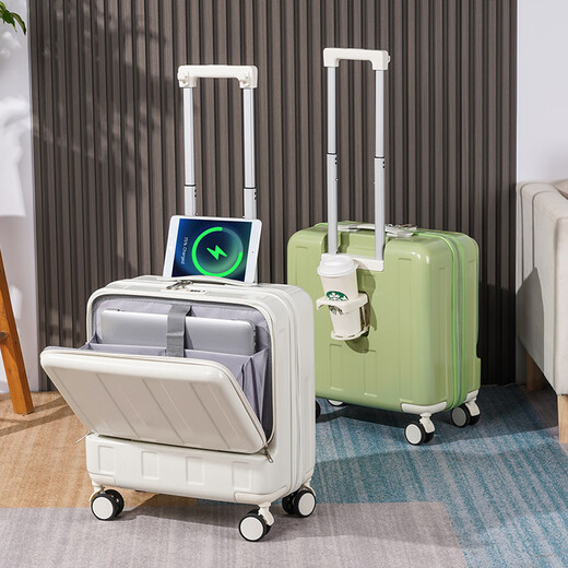 
Kangaroo (KANGAROO) suitcase small front open cover trolley case multi-function USB hook travel bag free shipping mini boarding case milk white (USB interface + side opening + hook) 18-inch (boarding case)