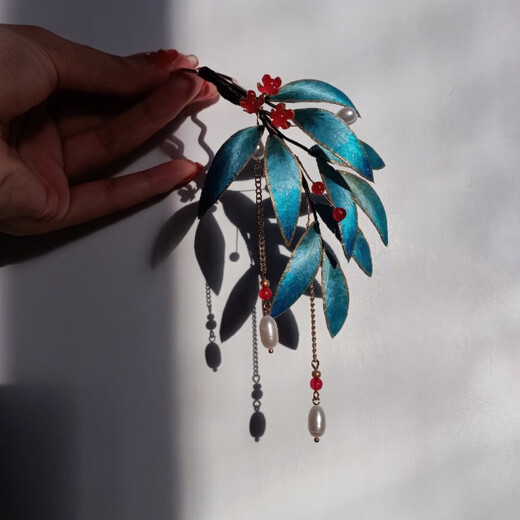 Shijun (SHIJUN) Velvet Flower Hairpin, Ancient Style Bamboo Branch Words, Bamboo Leaf Gold Imitation Dotted Emerald Hairpin Brooch, Hanfu Accessories Valentine's Day Gift, One Hairpin (tassel is not removable)