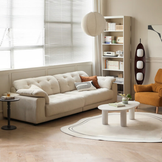 Genji hölzerne Textur Sofa Haushaltscreme Stil Down Sofa Weißes Wohnzimmer Abnehmbares Waschen Waschen Direktes Sofa 2,6 Meter großer Sitz drei Personen (2600*1050*790)