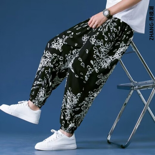 界模潮裤子男夏季复古印花哈伦灯笼裤潮牌宽松束脚休闲九分裤中国风裤子 C318-图色 4XL