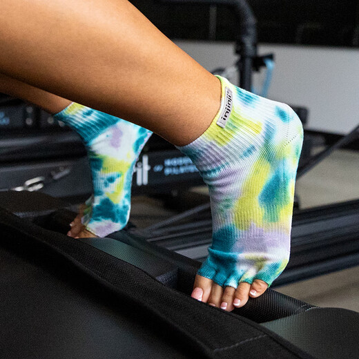 Injinji yoga socks professional Pilates open-toe color-blocking non-slip dance indoor trampoline split toe socks for beginners Lake Blue Vortex-Mid tube S/M(35-38)