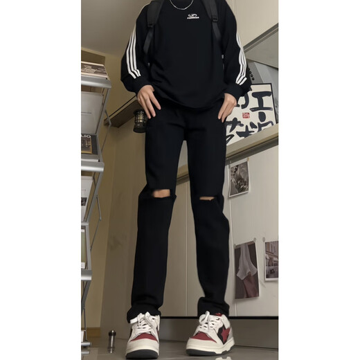 
7 best products ripped jeans men's spring and summer thin American high street light-flare loose straight slim trousers men DFFS-722 black (ripped) XL