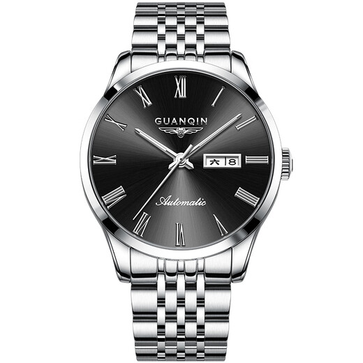 GUANQIN men's watch Swiss quality wear-resistant waterproof luminous fully automatic mechanical watch dual calendar watch men's mechanical watch fully automatic mechanical model-silver shell black surface
